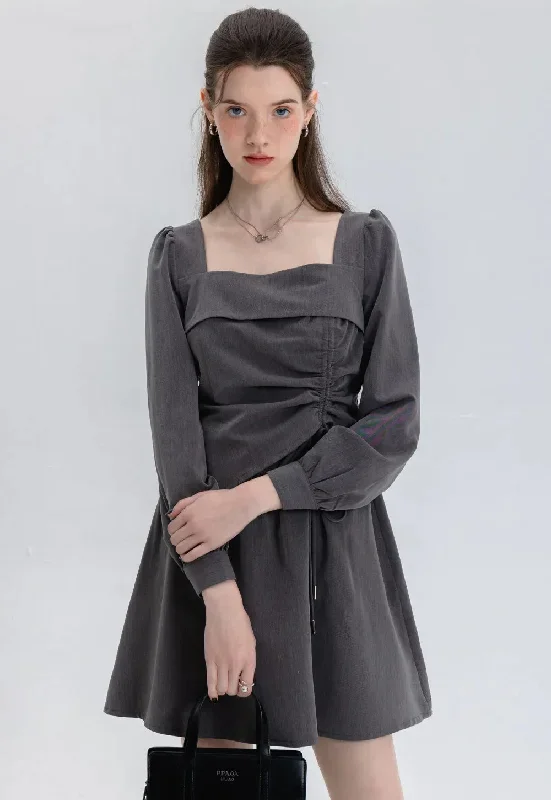 Long Sleeve Dress with Gathered Waist and Flounce Overlay