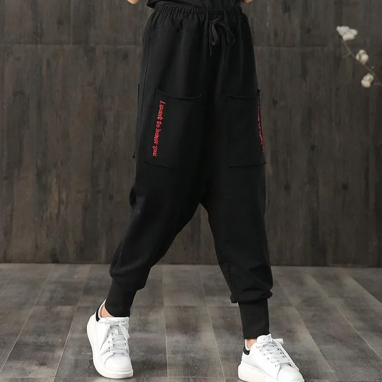 2019 fall new black alphabet pockets pants loose casual women pants