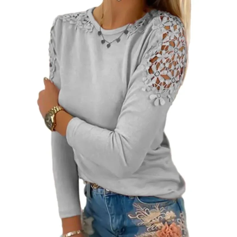 FashionSierra - Pure Color Slim Lace Patchwork T-Shirt