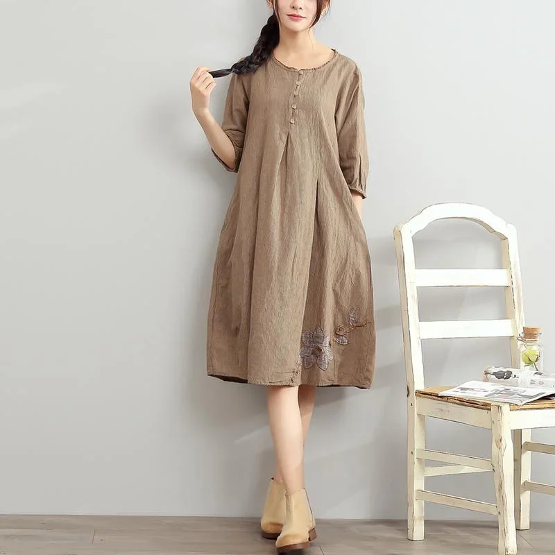 2022 Khaki Summer Linen Dresses Oversize Sundress Bracelet Sleeve Dress