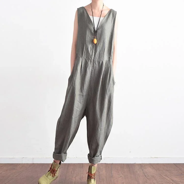 2023 Summer New Gray Linen Jumpsuit Pants Oversize Casual Trousers