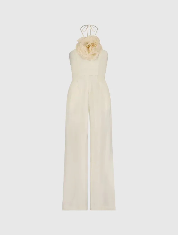 Ivory Crepe Halter Neck Jumpsuit With 3D Flower