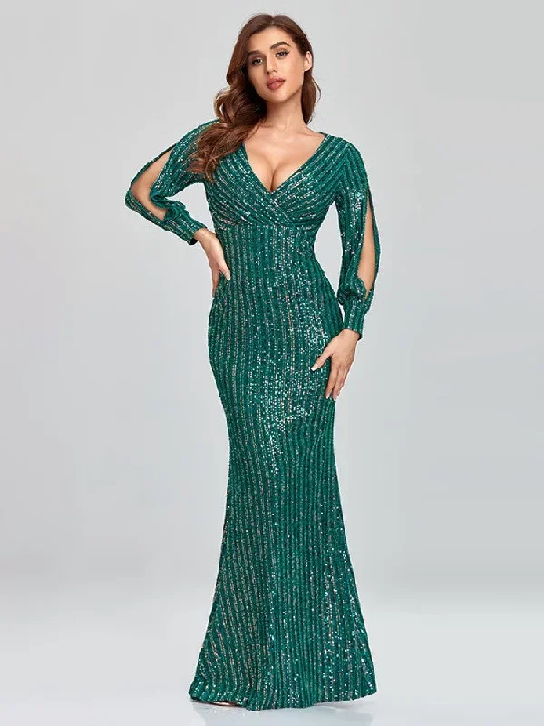 Elegant Long Sleeve Sequined Evening Dress