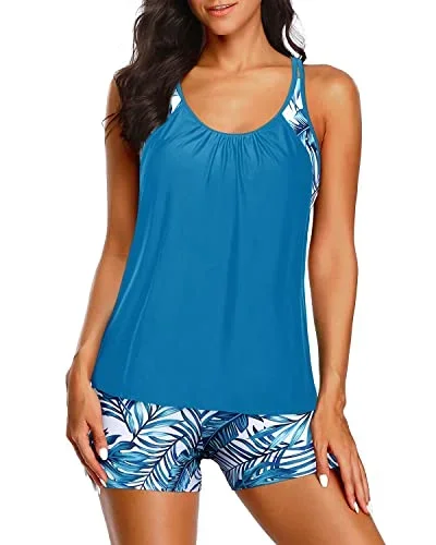 Women Loose Tankini Boy Shorts Tummy Control Two Piece Swimsuits-Blue Leaf