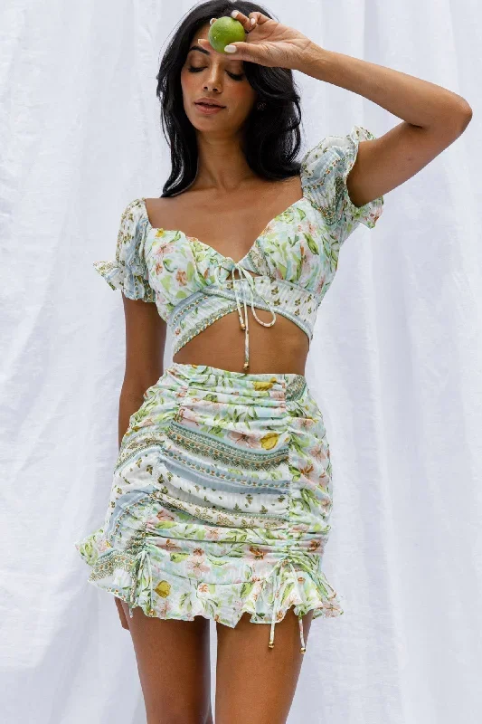 Azure Sky Tied Back Crop Top Printed Green