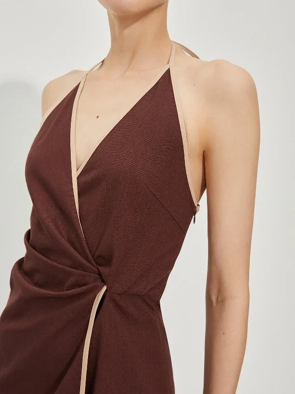 backless-contrast-trim-knotted-dress