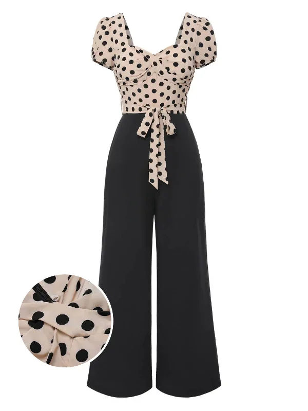 Hot Sell Beige 1930s Polka Dots Sweetheart Neck Jumpsuit