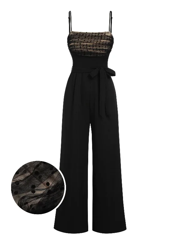 Hot Sell Black 1930s Polka Dots Mesh Spaghetti Straps Jumpsuit