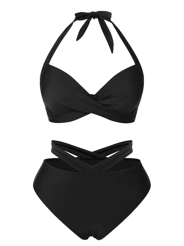 Black 1960s Halter Solid Swimsuit