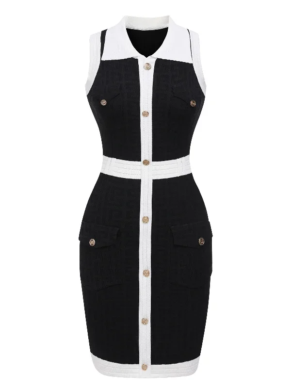 Black 1960s Knitted Lapel Patchwork Dress