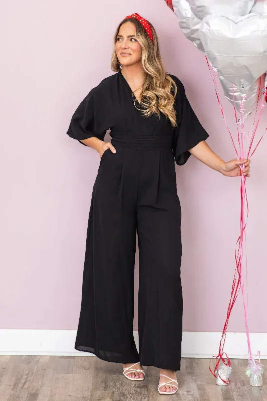 Black 3/4 Sleeve V-Neck Jumpsuit