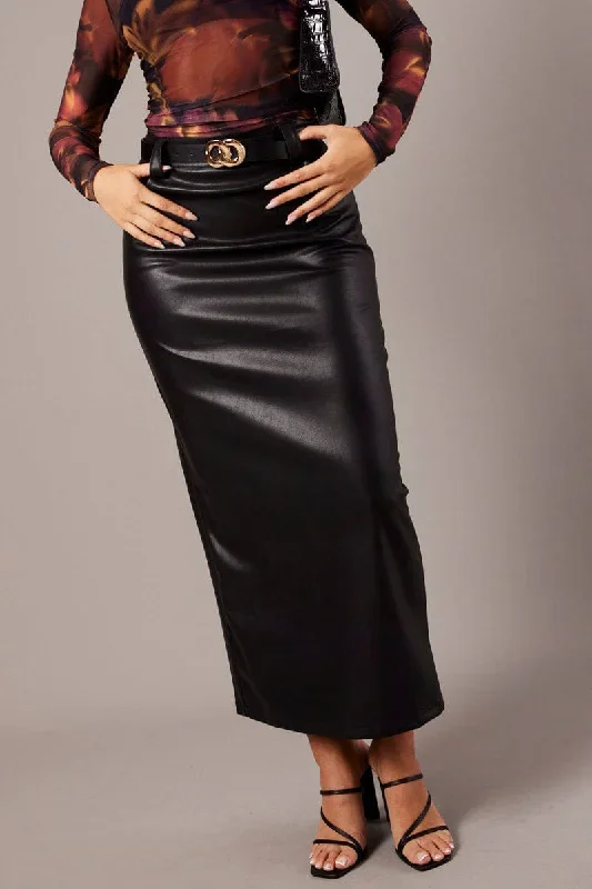 Black Midi Skirt Faux Leather