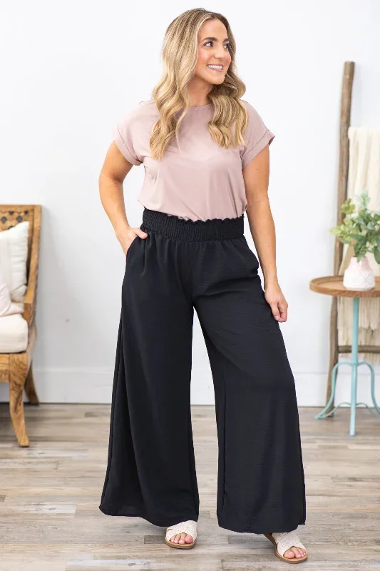 Black Smocked Waist Woven Air Flow Pants