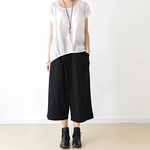 black stylish casual linen pants loose elastic waist wide leg pants