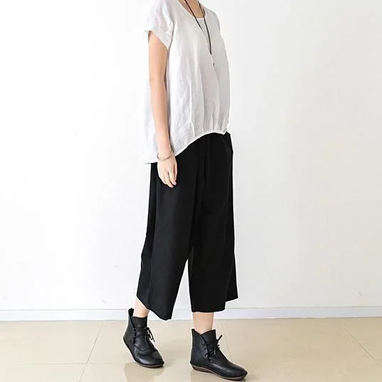 black-stylish-casual-linen-pants-loose-elastic-waist-wide-leg-pants