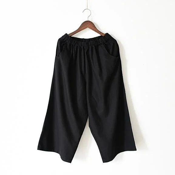 black-stylish-casual-linen-pants-loose-elastic-waist-wide-leg-pants