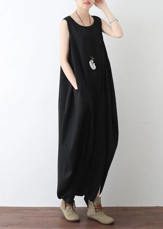 bohemian-black-o-neck-zip-up-draping-pocket-chiffon-jumpsuit-sleeveless