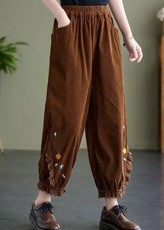 Coffee Patchwork Lace Warm Fleece Corduroy Harem Pants Embroideried Oversized Spring