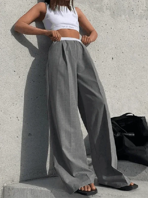 Contrast Waist Gray Baggy Tailored Pants