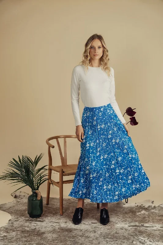 Covered Band Pleated Skirt 37""-Sky Blue Floral