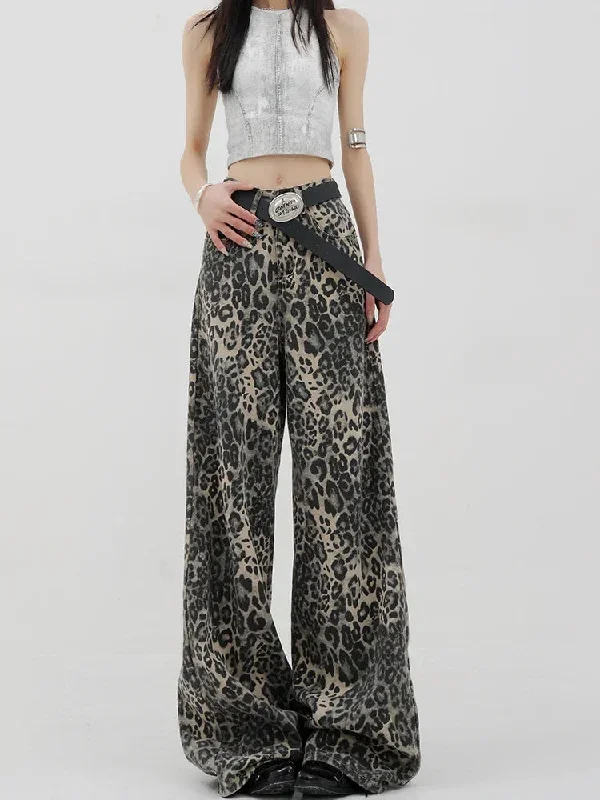 Leopard Print Streetwear High Waisted Wide Leg Jeans