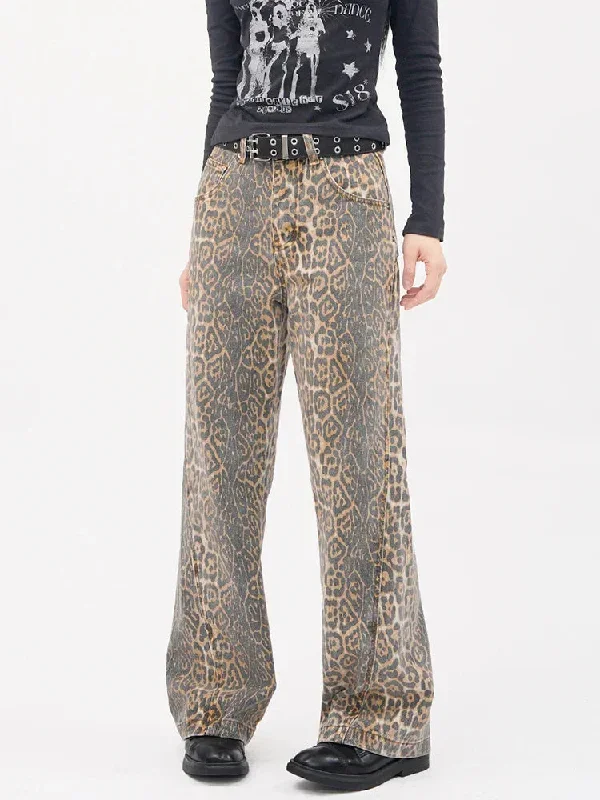 Vintage Leopard Print Wide Leg Panther Denim Jeans