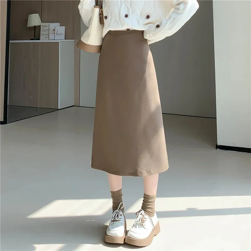 FashionSierra - 2024 New Autumn Winter Wool Blend Mid-length Women Fashion High Waist A-line Wool Female Casual Long Skirt