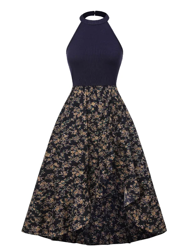 Dark Blue 1930s Ditsy Floral Crewl Halter Dress