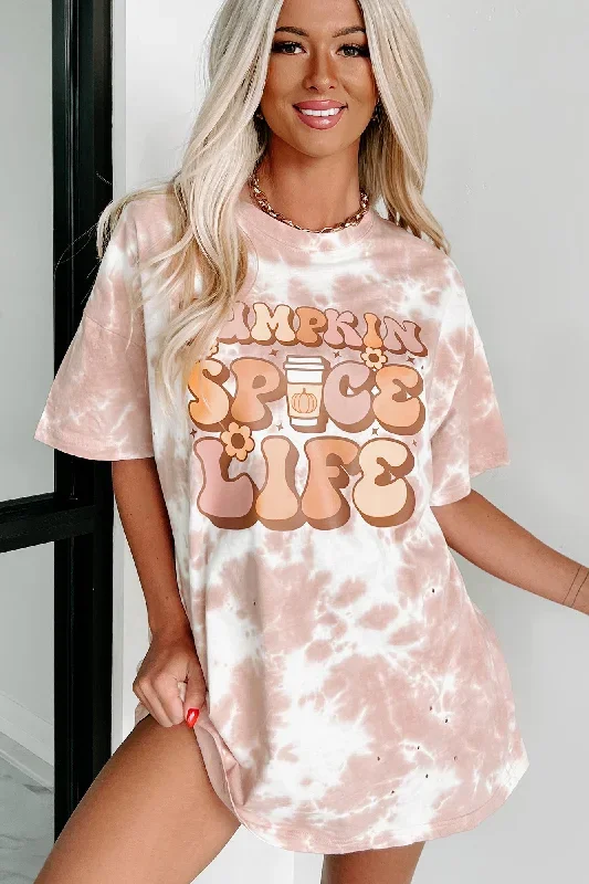 Doorbuster ""Pumpkin Spice Life"" Oversized Distressed Tie-Dye Graphic T-Shirt (Pastel Pink) - Print On Demand