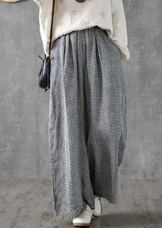 Elegant Linen Cotton Women Omychic Vintage Plaid Linen Ankle Length Wide Leg Pants