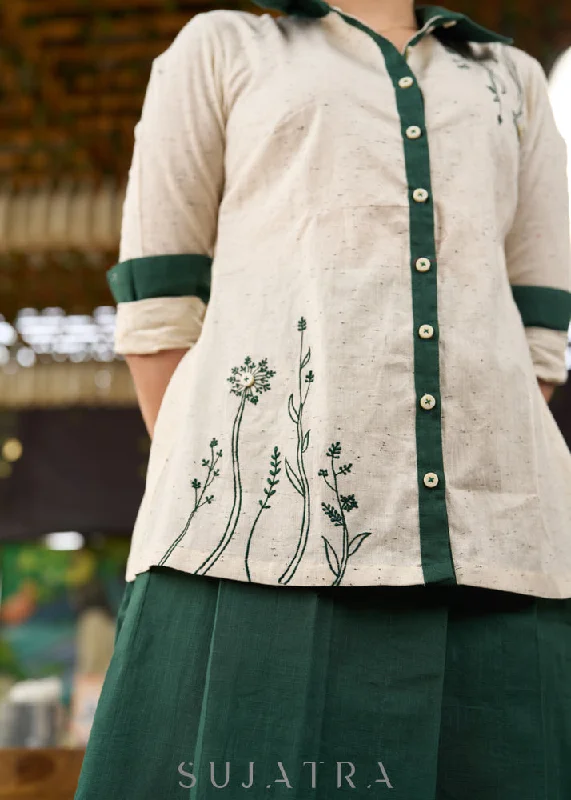 elegant-off-white-cotton-shirt-with-bottle-green-detailing-skirt-optional