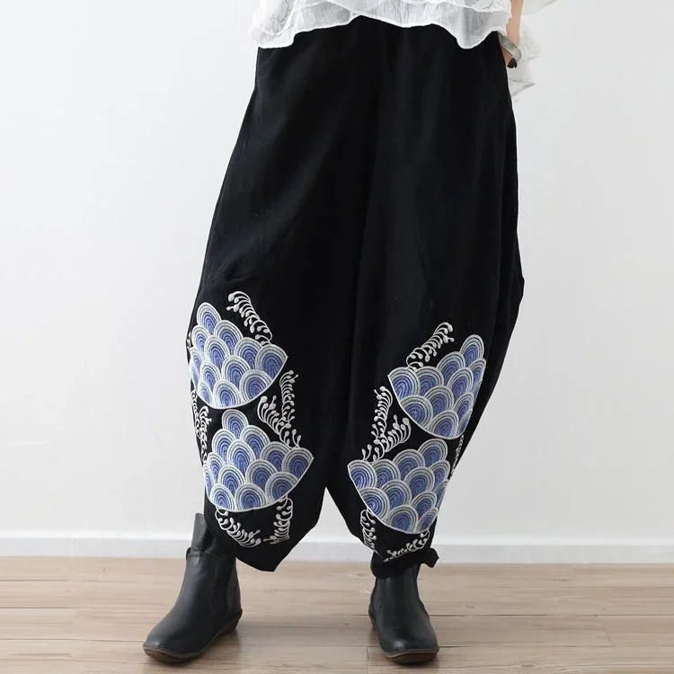 fall women cotton embroidery black pants elastic waist linen wide leg pants