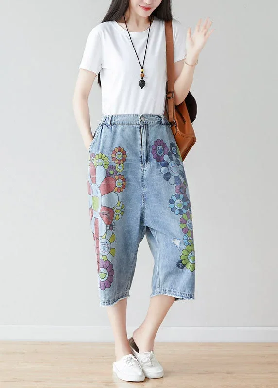 Fashion Blue Elastic Waist Oversized Print Cotton Wide Leg Pants Spring