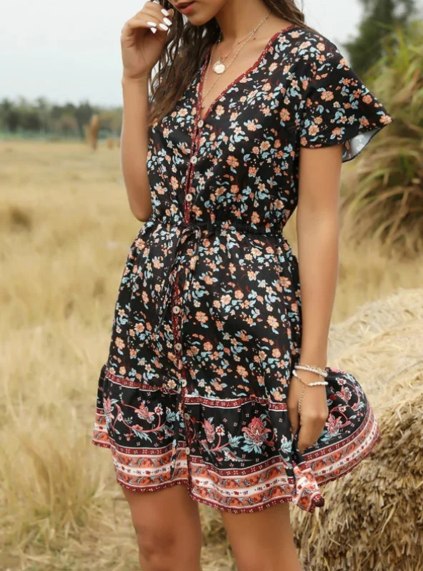 Fashion Floral Short Sleeve Split-Joint Bohemian Short Dress