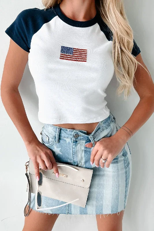 Firework Fanatic Rhinestone Flag Crop Top (Navy)