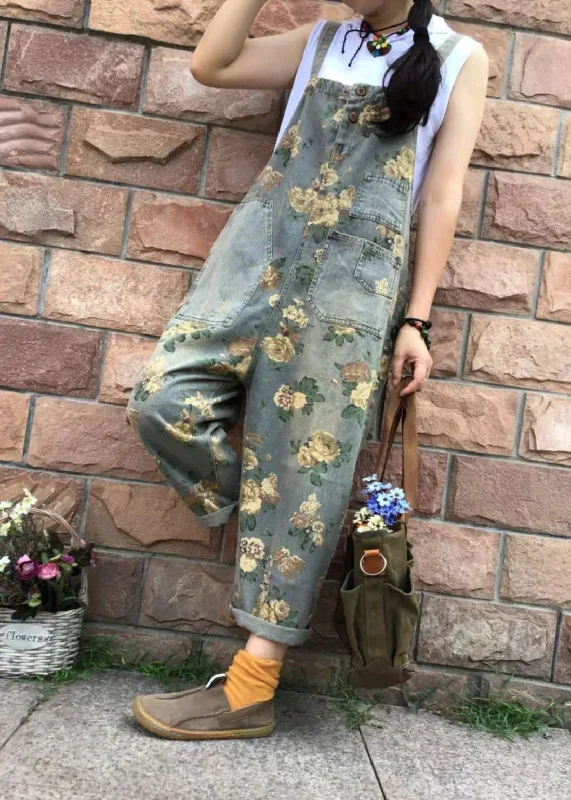 Floral Casual Denim Cotton Jumpsuit Dungarees Oversized