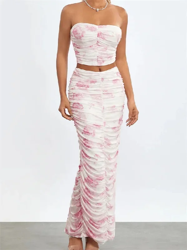 JuliaFashion - Floral Print Strapless Off Shoulder  Tops Ruched Long Skirts Suits