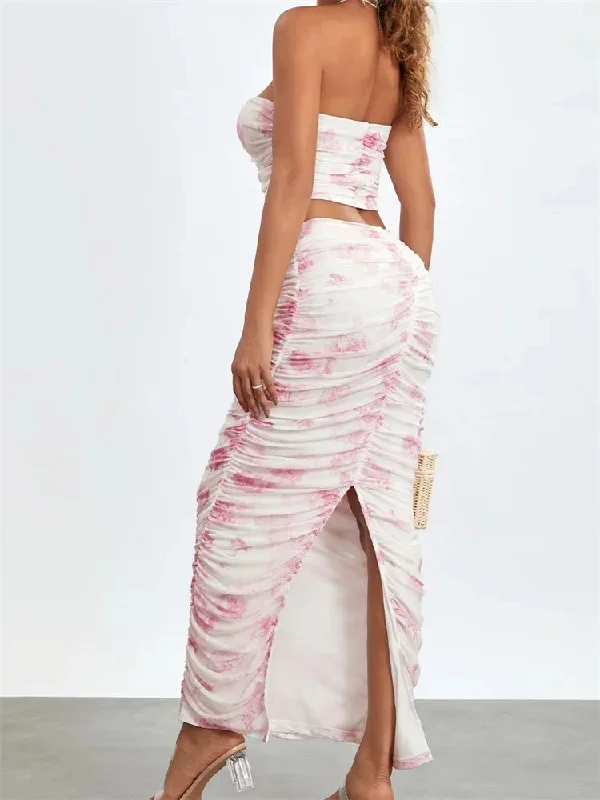 floral-print-strapless-off-shoulder-tops-ruched-long-skirts-suits