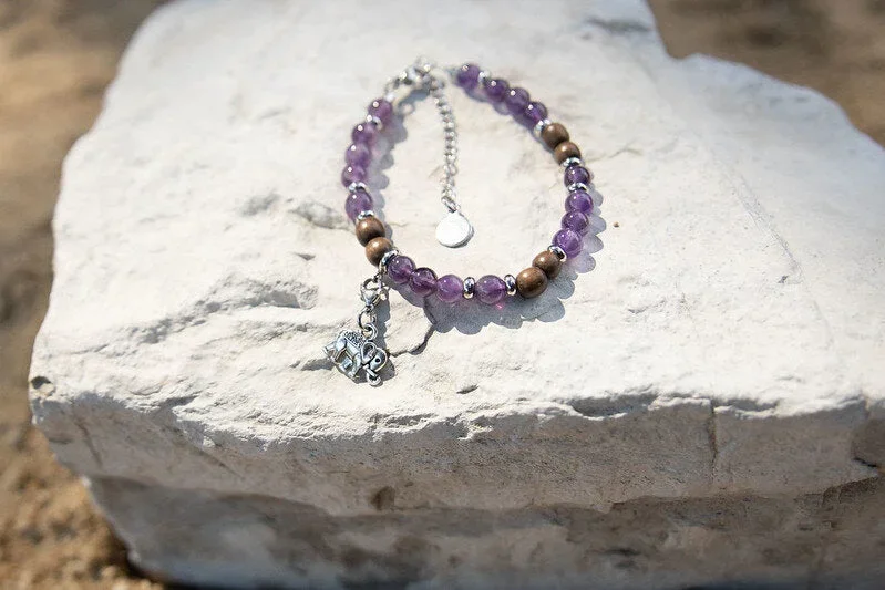 Gemstone and Wood Bracelet with Charm