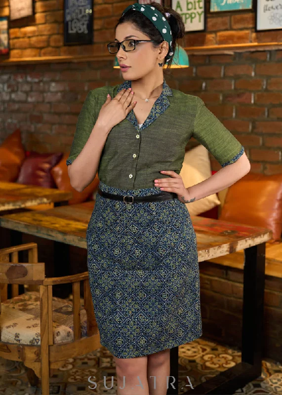 green-cotton-half-sleeves-shirt-with-ajrakh-detailing-ajrakh-skirt-optional