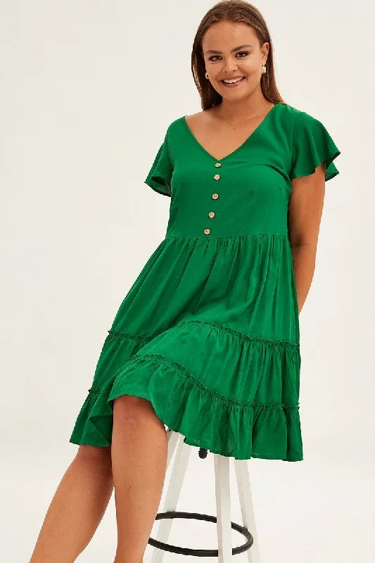 Green Fit and Flare Dress Short Sleeve V-Neck