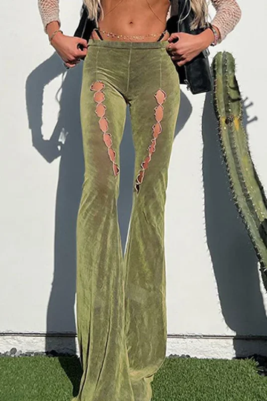 TastyHottie - Green Low-waisted Cutout Flares Long Pants