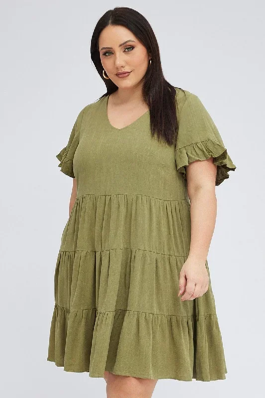 Green Relaxed Dress Short Sleeve V Neck Linen Blend