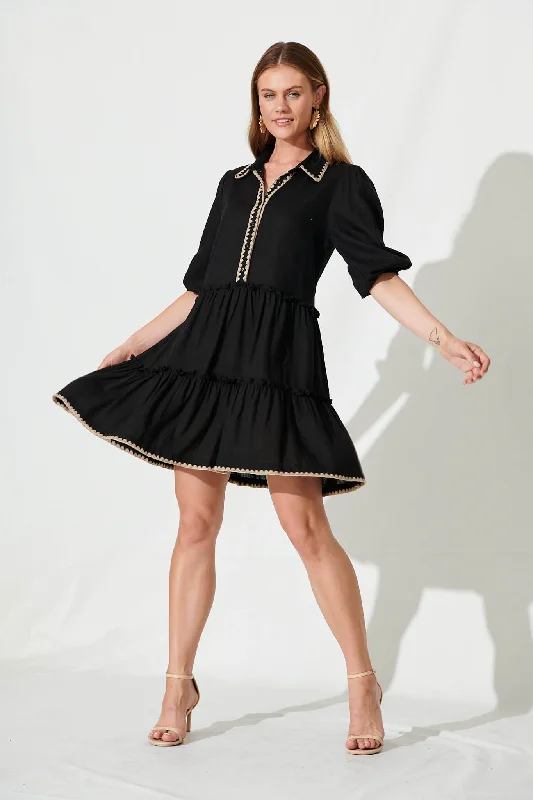 Gwen Smock Dress In Black Linen Blend