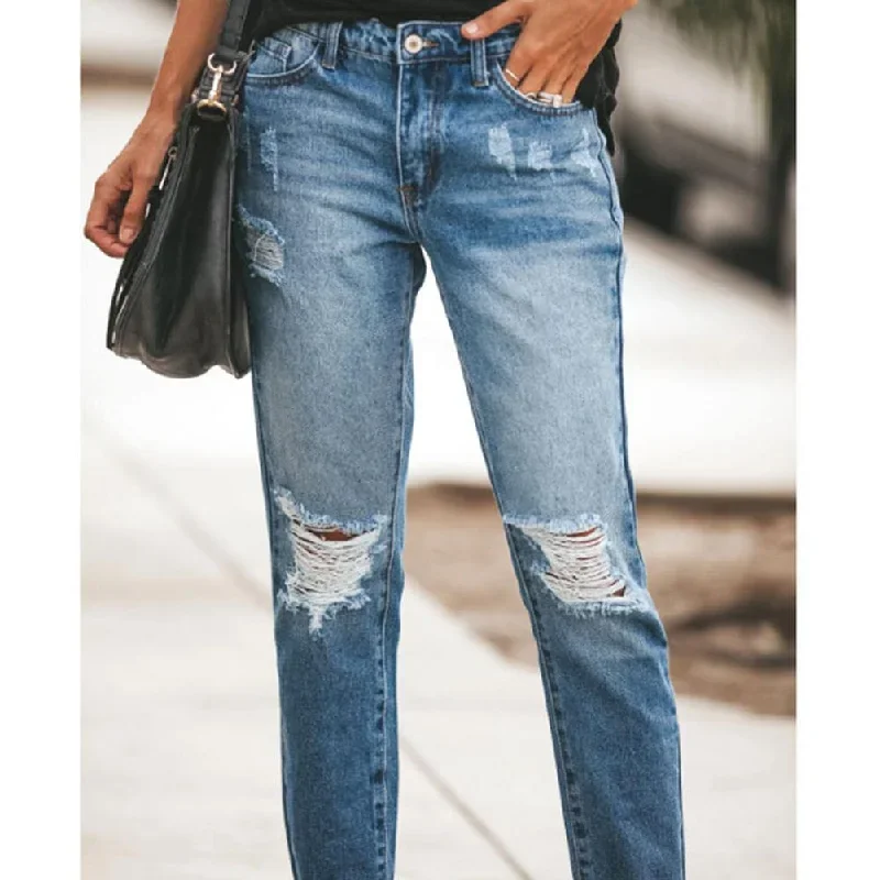 hole-jeans-women-high-waist-long-pants-solid-color-pocket-decor-zipper-button-placket-jeans