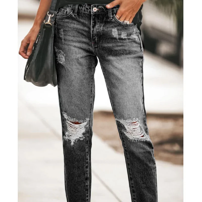 hole-jeans-women-high-waist-long-pants-solid-color-pocket-decor-zipper-button-placket-jeans