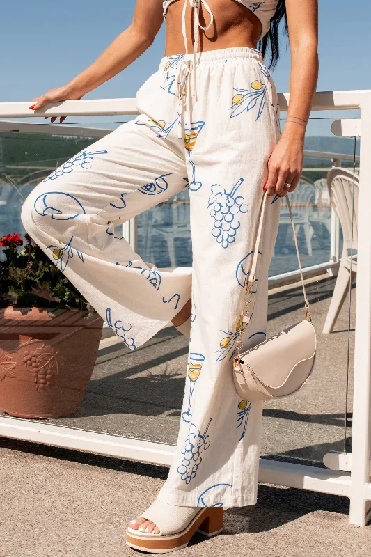 It's Drink O'Clock Printed Wide Leg Pants (Cream)