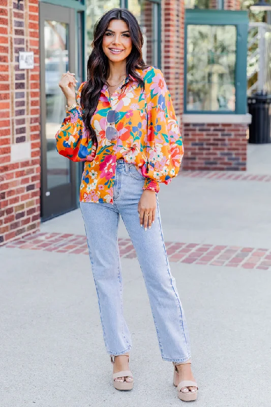 I've Been Waiting Orange Floral Satin Button Front Blouse FINAL SALE