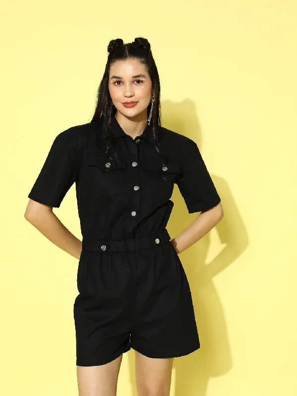 Berrylush Women Solid Black Shirt Collar Neck Button-Up Cotton Gathered Mini Playsuit