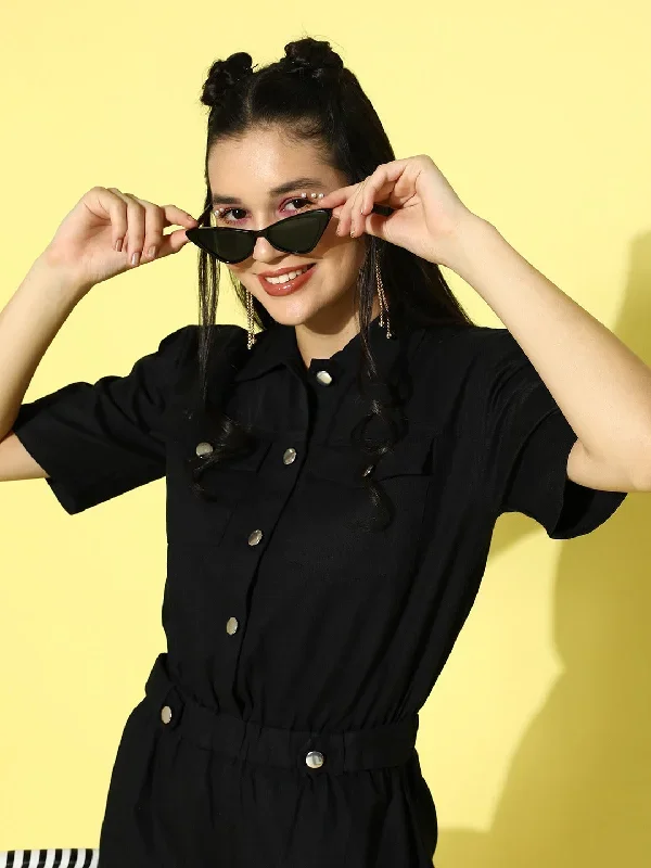 jp5076bk-berrylush-women-solid-black-shirt-collar-neck-button-up-cotton-gathered-mini-playsuit